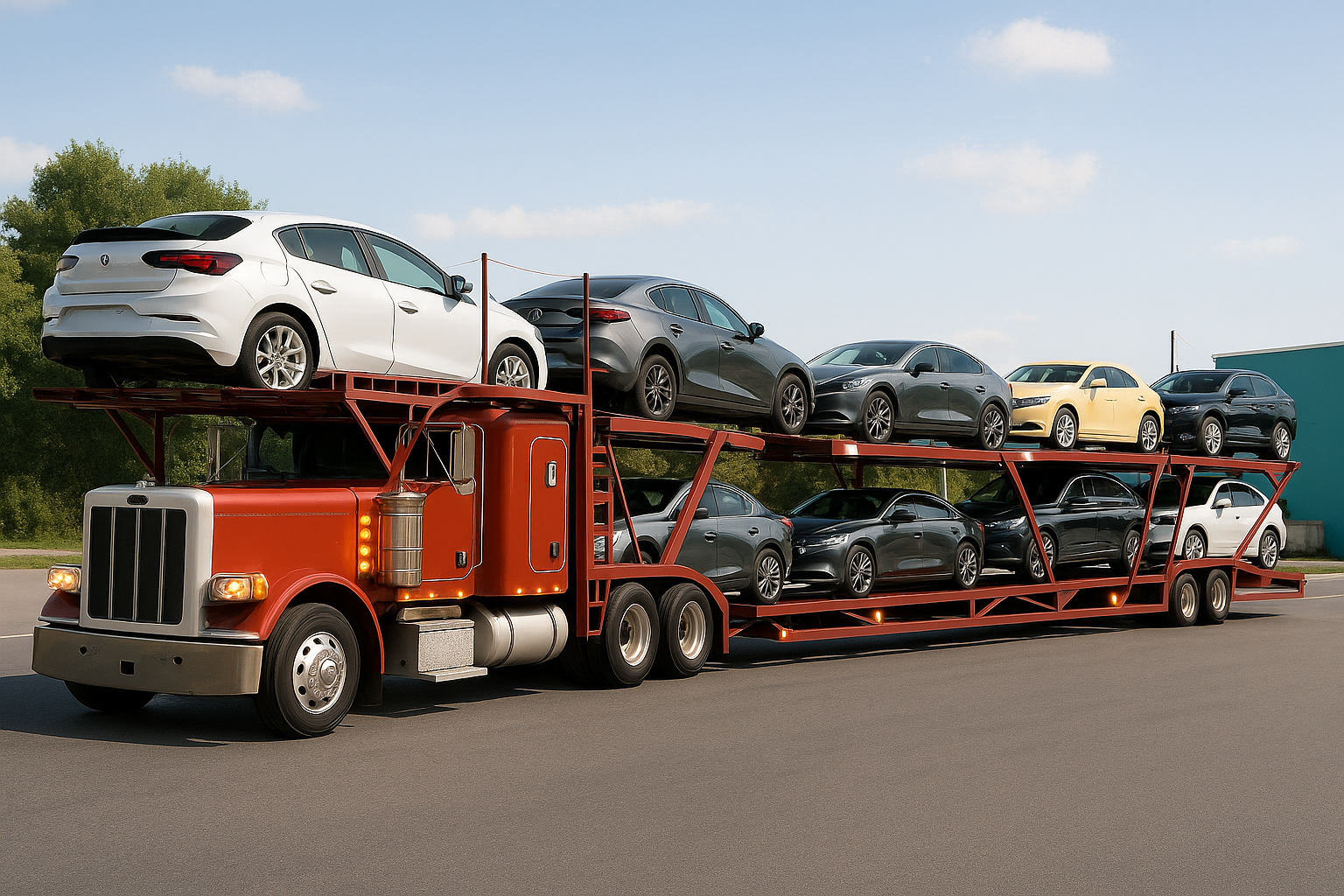 Red Semi-Truck with Car Carrier